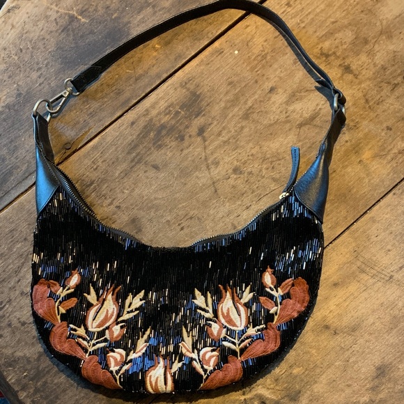 Free People Handbags - Like New Free People Bugle Beaded Floral Embroidered Black and Brown Hobo Bag